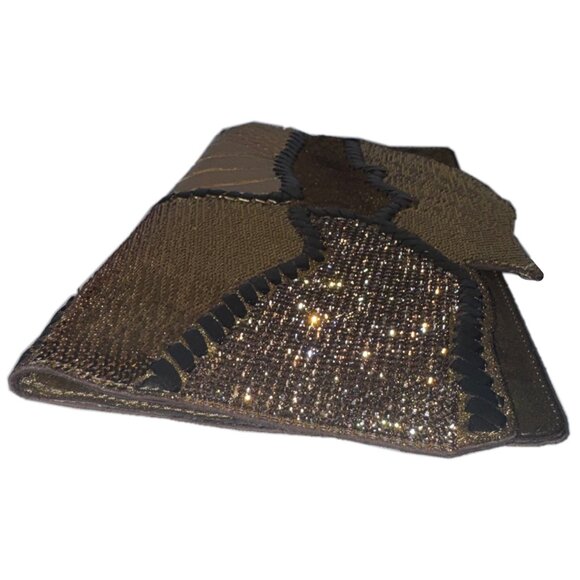 Balmain Gold Croc Leather, Suede, and Rhinestone Patchwork Clutch - Picture 4 of 10